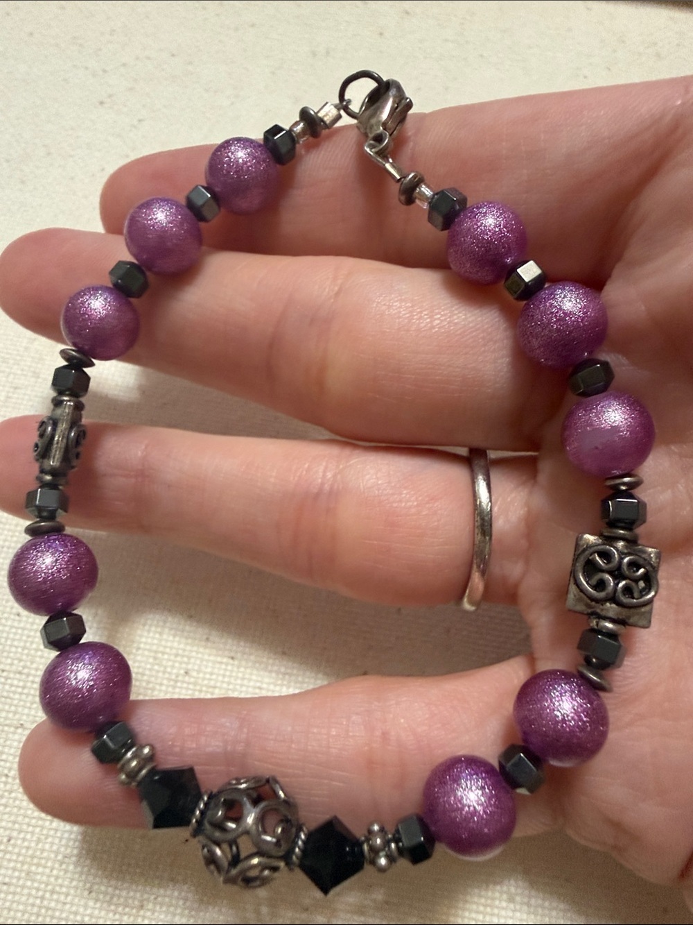 Lovely Sterling Silver 925 Purple Beaded Bracelet 8’ inch
